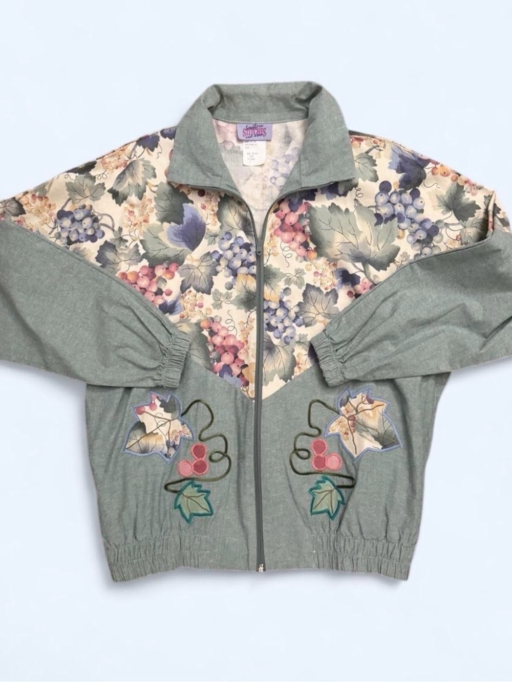 80s/90s Southern Stitches Green Grape Floral Zip Jacket Size Small